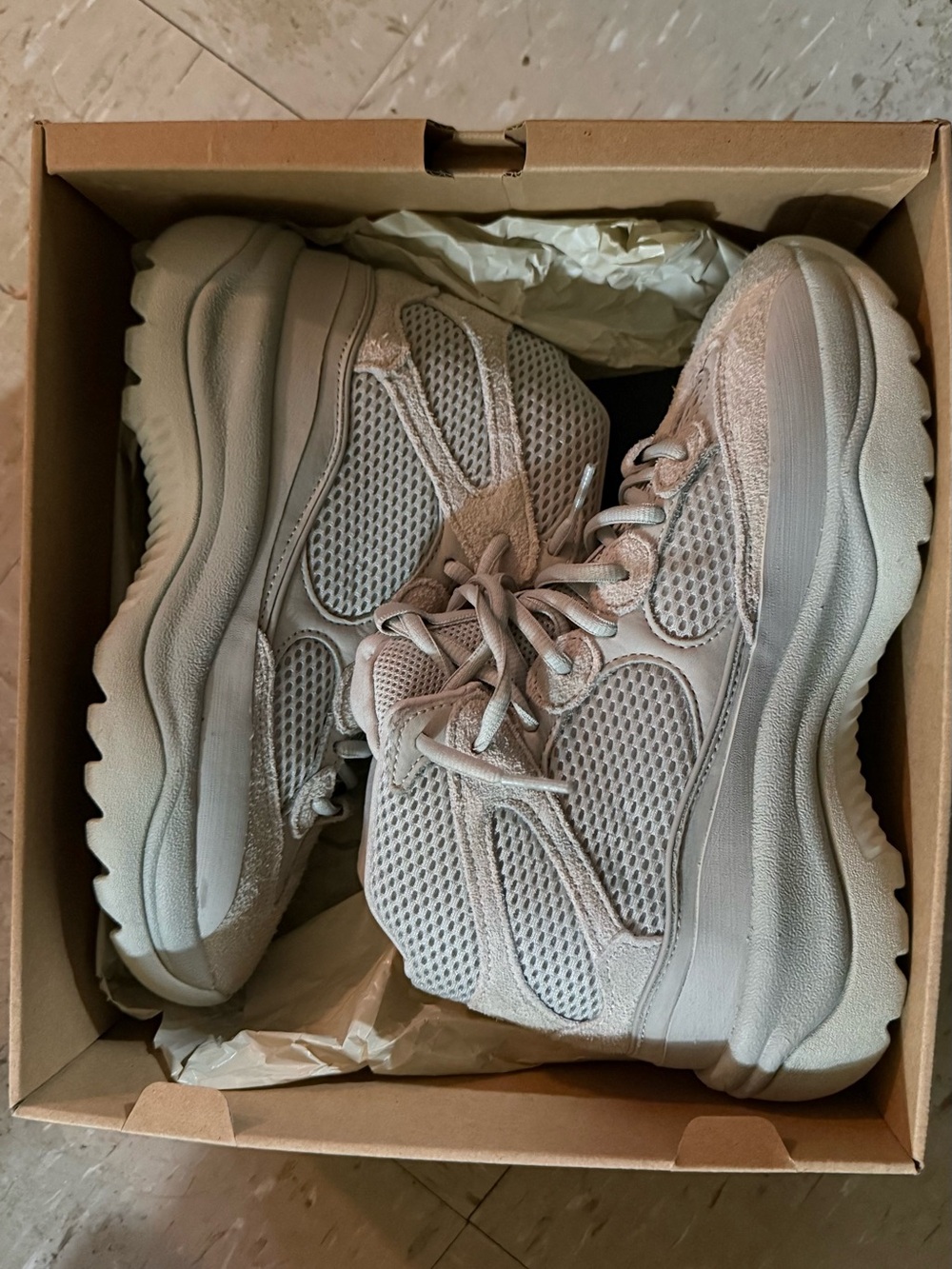 Adidas Yeezy Chunky Mesh Lace-Up Sneakers in Light Taupe